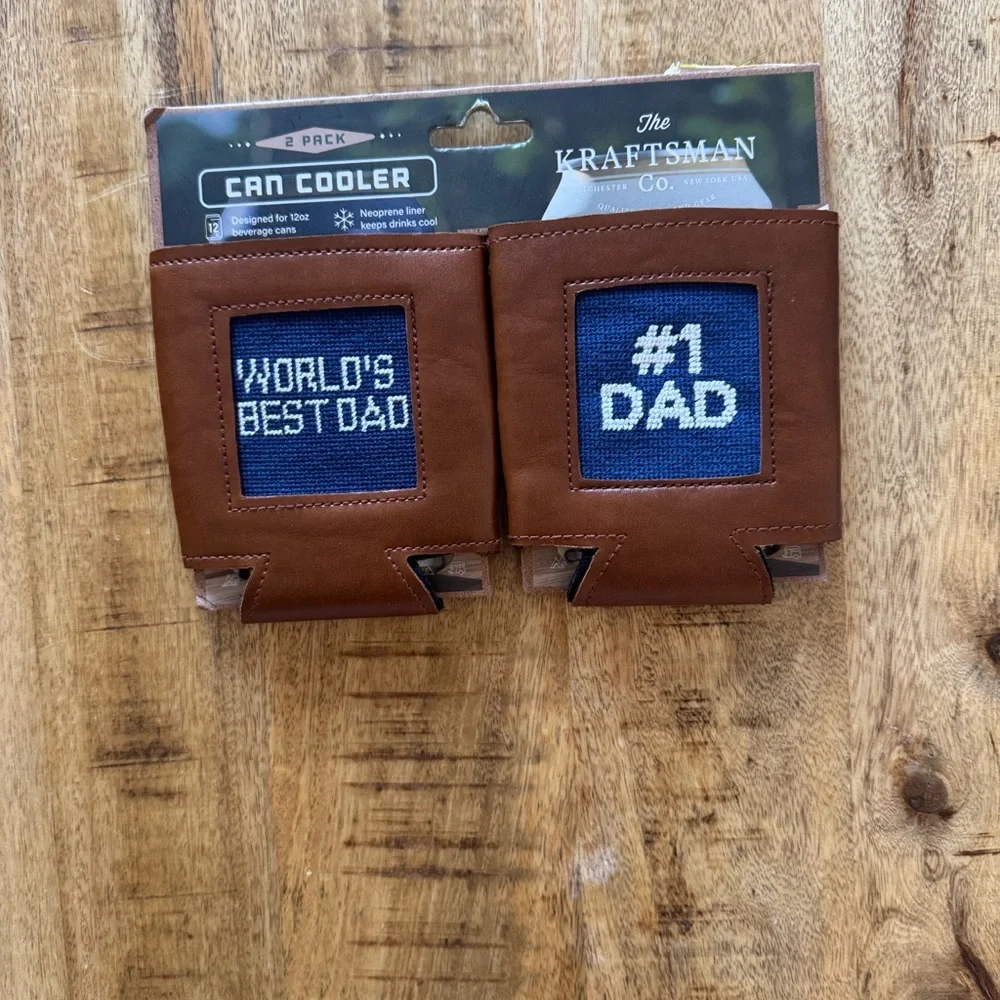The Kraftsman Co Brown beer Can Cooler coozie coozy Set of 2 worlds best dad #1